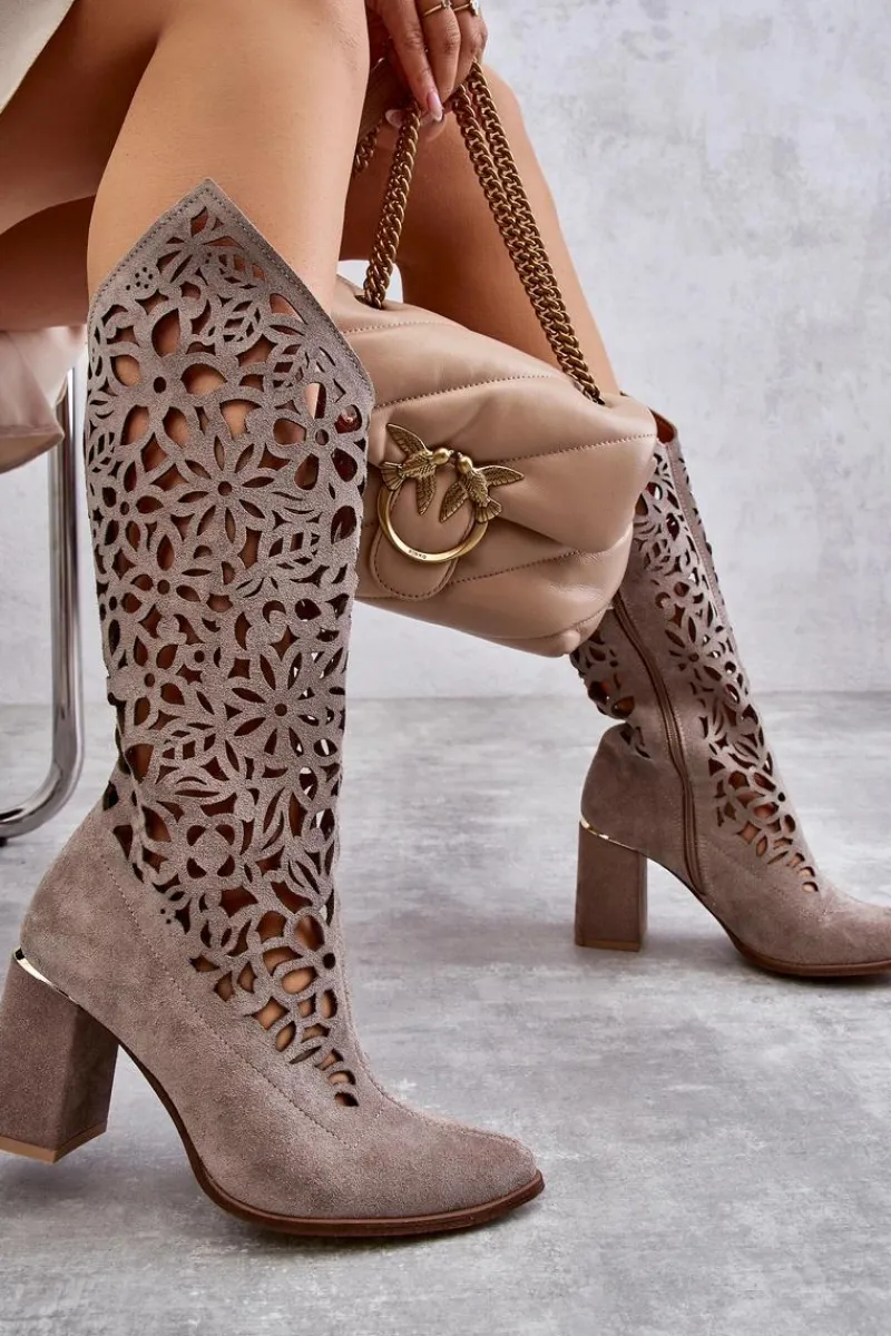 Kozaki Wiosenne|Kozaki Ażurowe>Zazoo 3234 Zamszowe Ażurowe Kozaki 3234 Cappuccino