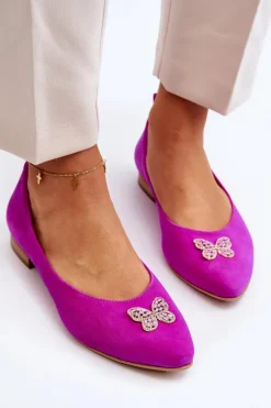 Baleriny Skórzane|Baleriny Klasyczne>Zazoo 2887 Zamszowe Baleriny Z Ozdobnym Motylem Fuksja Różowy