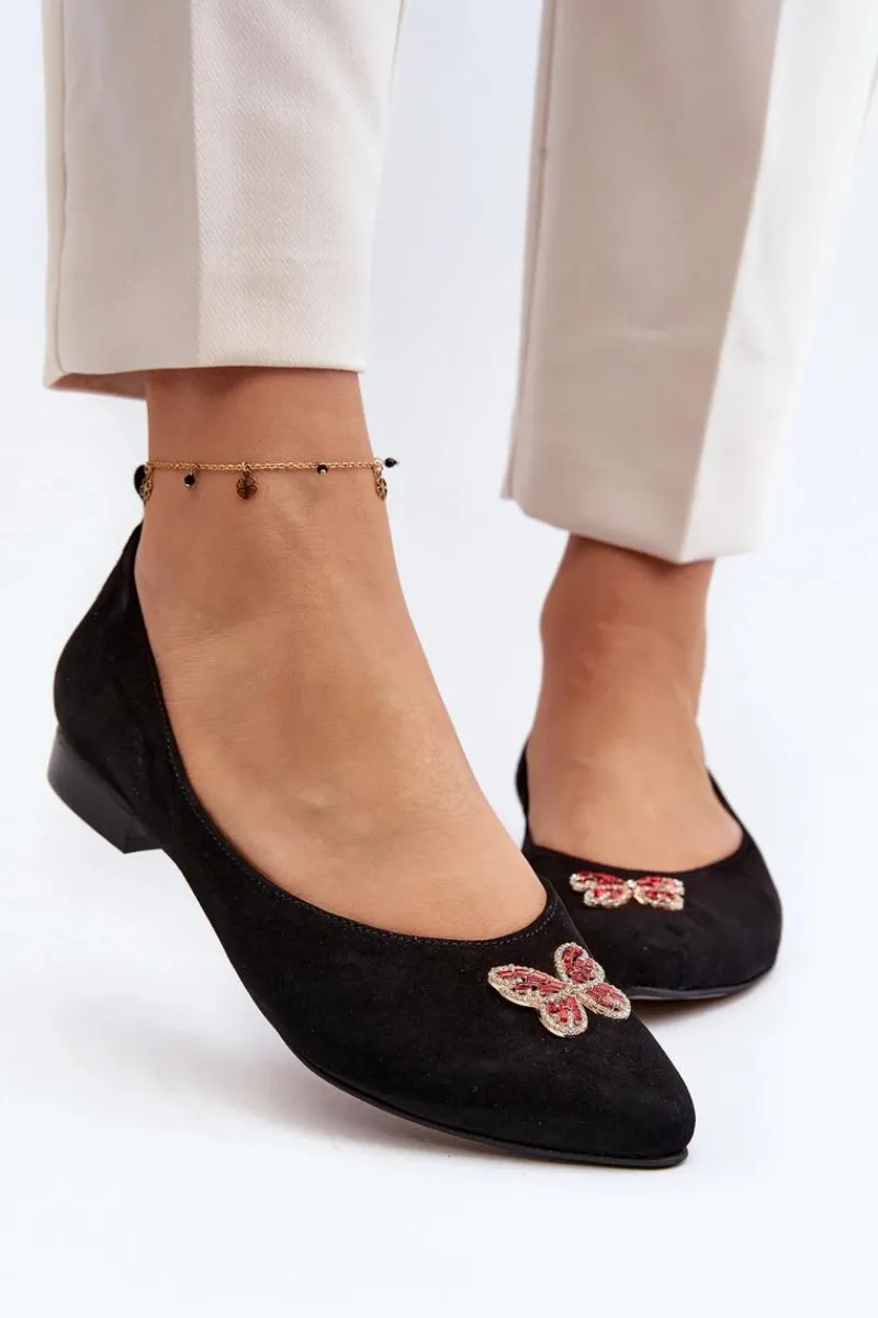 Online Zazoo 2887 Zamszowe Baleriny Z Ozdobnym Motylem Czarne Czarny