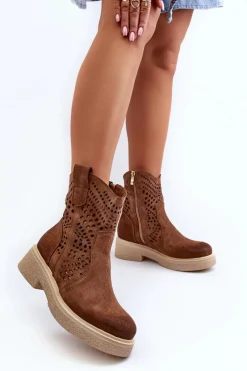 Clearance 3470 Zamszowe Botki Damskie Na Płaskim Obcasie Ażurowe Brązowe Damskie Botki Wiosenne|Botki Ażurowe