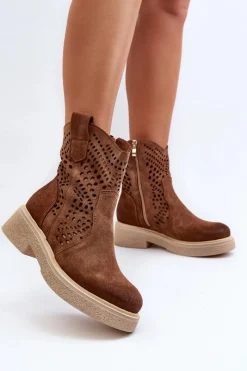 Clearance 3470 Zamszowe Botki Damskie Na Płaskim Obcasie Ażurowe Brązowe Damskie Botki Wiosenne|Botki Ażurowe