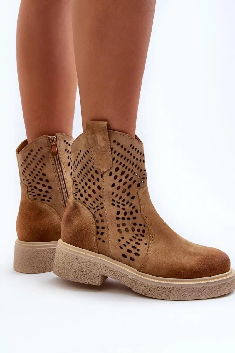 Hot Zazoo 3470 Zamszowe Botki Damskie Na Płaskim Obcasie Ażurowe Beżowe Beżowy