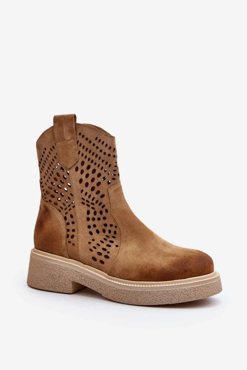 Hot Zazoo 3470 Zamszowe Botki Damskie Na Płaskim Obcasie Ażurowe Beżowe Beżowy