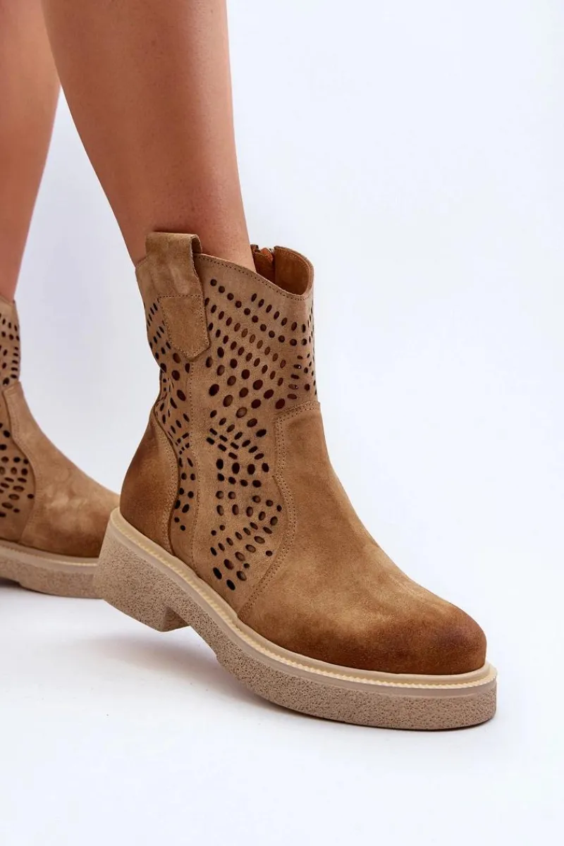 Hot Zazoo 3470 Zamszowe Botki Damskie Na Płaskim Obcasie Ażurowe Beżowe Beżowy