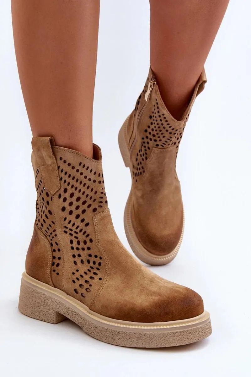 Hot Zazoo 3470 Zamszowe Botki Damskie Na Płaskim Obcasie Ażurowe Beżowe Beżowy