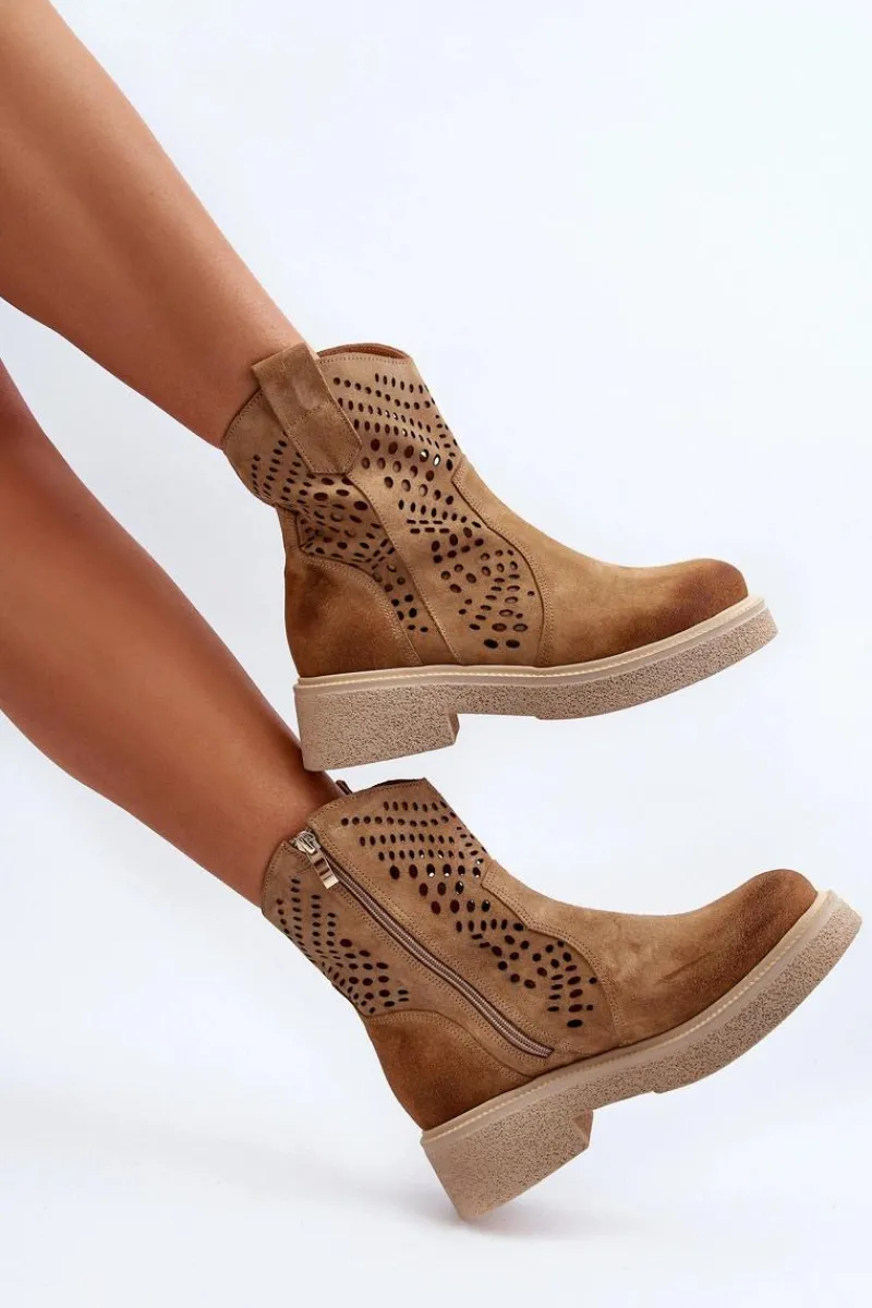 Hot Zazoo 3470 Zamszowe Botki Damskie Na Płaskim Obcasie Ażurowe Beżowe Beżowy