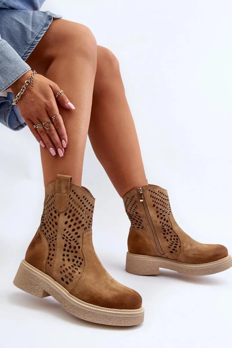 Hot Zazoo 3470 Zamszowe Botki Damskie Na Płaskim Obcasie Ażurowe Beżowe Beżowy