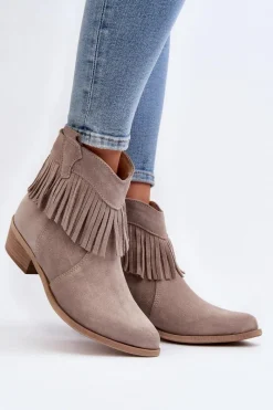 Outlet Zazoo 3430 Zamszowe Botki Damskie Z Frędzlami Cappucino