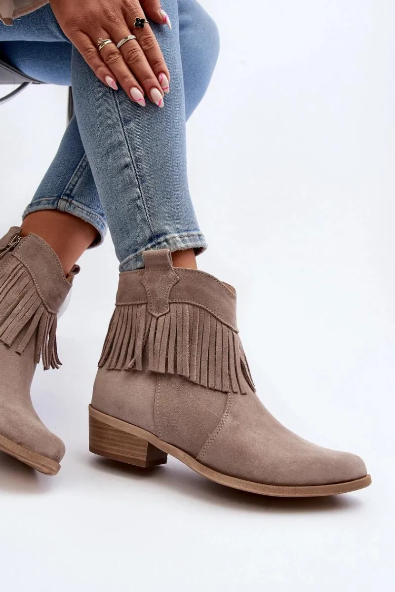 Outlet Zazoo 3430 Zamszowe Botki Damskie Z Frędzlami Cappucino