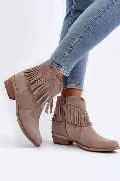 Outlet Zazoo 3430 Zamszowe Botki Damskie Z Frędzlami Cappucino