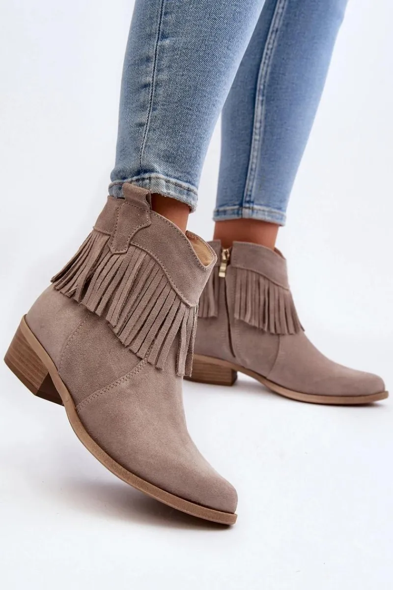 Outlet Zazoo 3430 Zamszowe Botki Damskie Z Frędzlami Cappucino