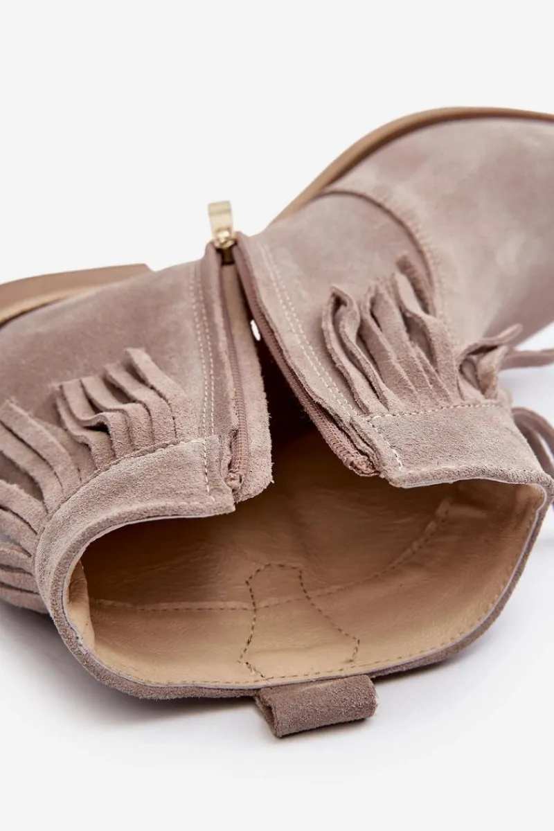 Outlet Zazoo 3430 Zamszowe Botki Damskie Z Frędzlami Cappucino