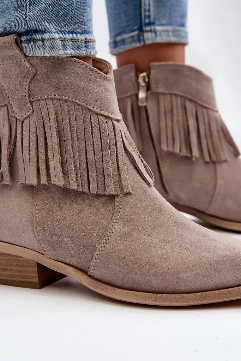 Outlet Zazoo 3430 Zamszowe Botki Damskie Z Frędzlami Cappucino