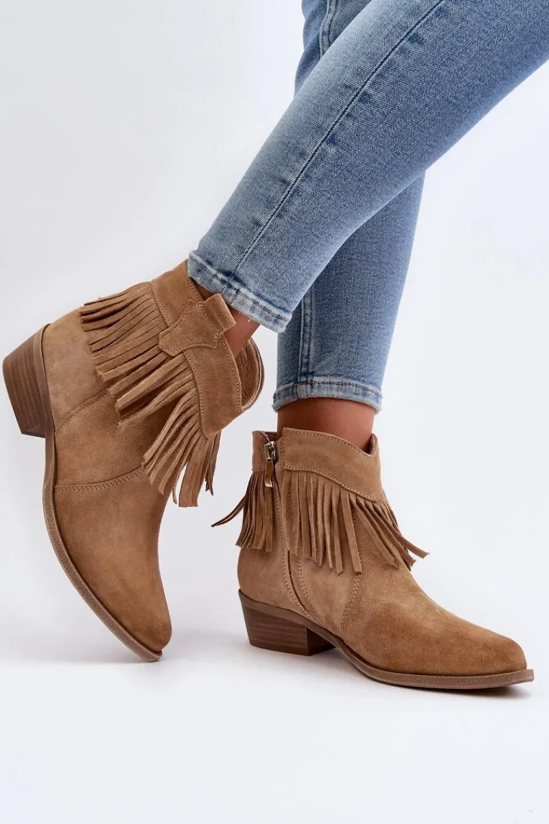 New 3430 Zamszowe Botki Damskie Z Frędzlami Beżowe Damskie Botki Wiosenne|Brązowe I Beżowe Botki