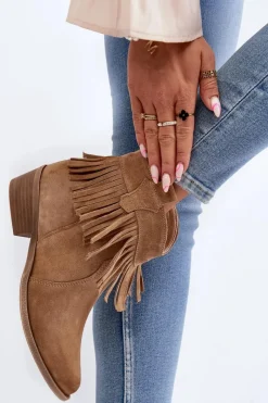 New 3430 Zamszowe Botki Damskie Z Frędzlami Beżowe Damskie Botki Wiosenne|Brązowe I Beżowe Botki