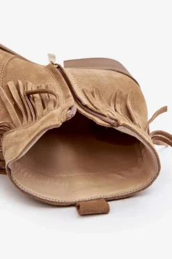 New 3430 Zamszowe Botki Damskie Z Frędzlami Beżowe Damskie Botki Wiosenne|Brązowe I Beżowe Botki