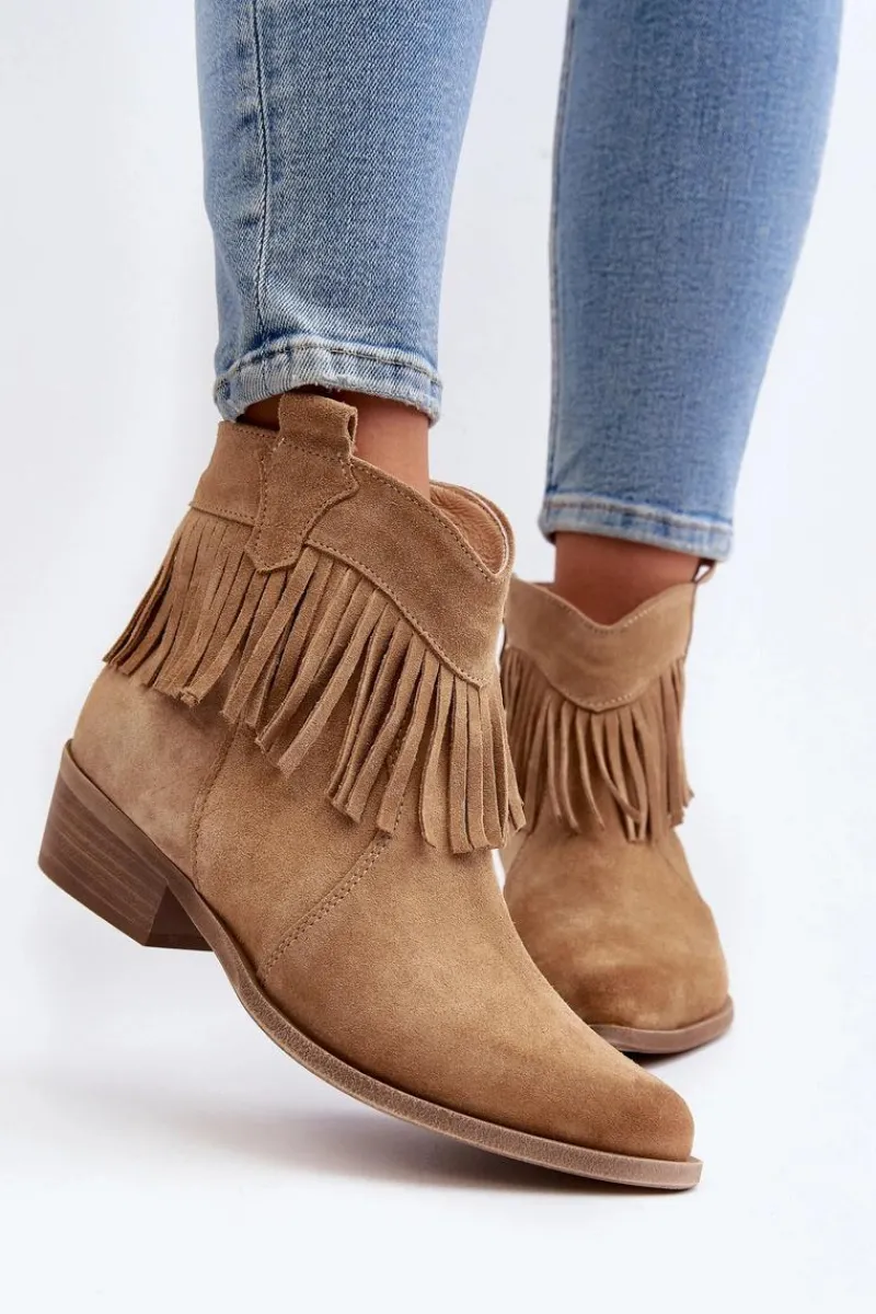 New 3430 Zamszowe Botki Damskie Z Frędzlami Beżowe Damskie Botki Wiosenne|Brązowe I Beżowe Botki