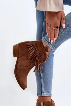 Discount Zazoo 3430 Zamszowe Botki Damskie Z Frędzlami Camel