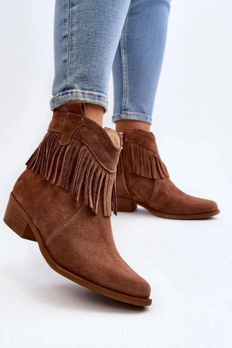 Discount Zazoo 3430 Zamszowe Botki Damskie Z Frędzlami Camel