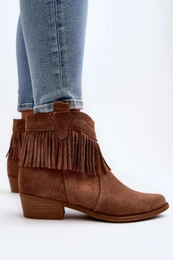 Discount Zazoo 3430 Zamszowe Botki Damskie Z Frędzlami Camel