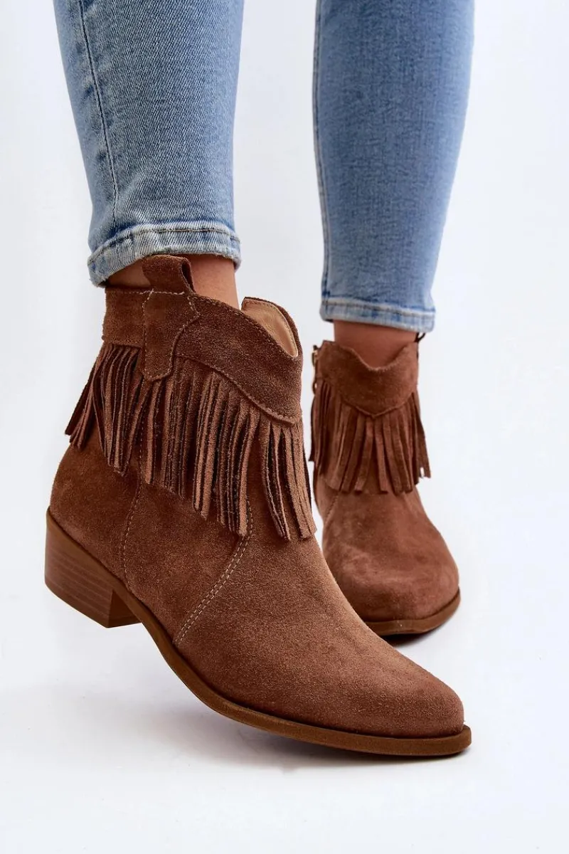 Discount Zazoo 3430 Zamszowe Botki Damskie Z Frędzlami Camel