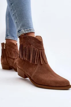 Discount Zazoo 3430 Zamszowe Botki Damskie Z Frędzlami Camel