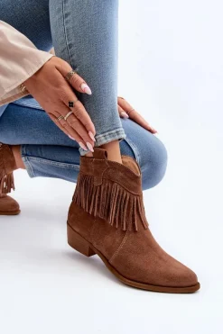 Discount Zazoo 3430 Zamszowe Botki Damskie Z Frędzlami Camel