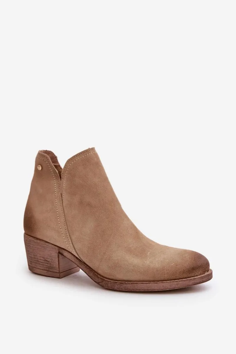 Discount 60475 Zamszowe Botki Damskie Na Niskim Obcasie Ocieplane Beżowe Damskie Botki Skórzane|Botki Na Słupku