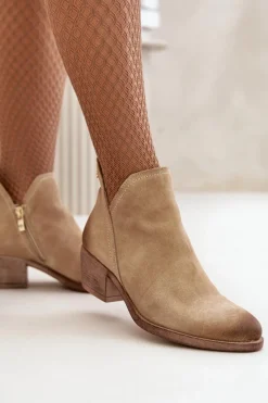 Discount 60475 Zamszowe Botki Damskie Na Niskim Obcasie Ocieplane Beżowe Damskie Botki Skórzane|Botki Na Słupku