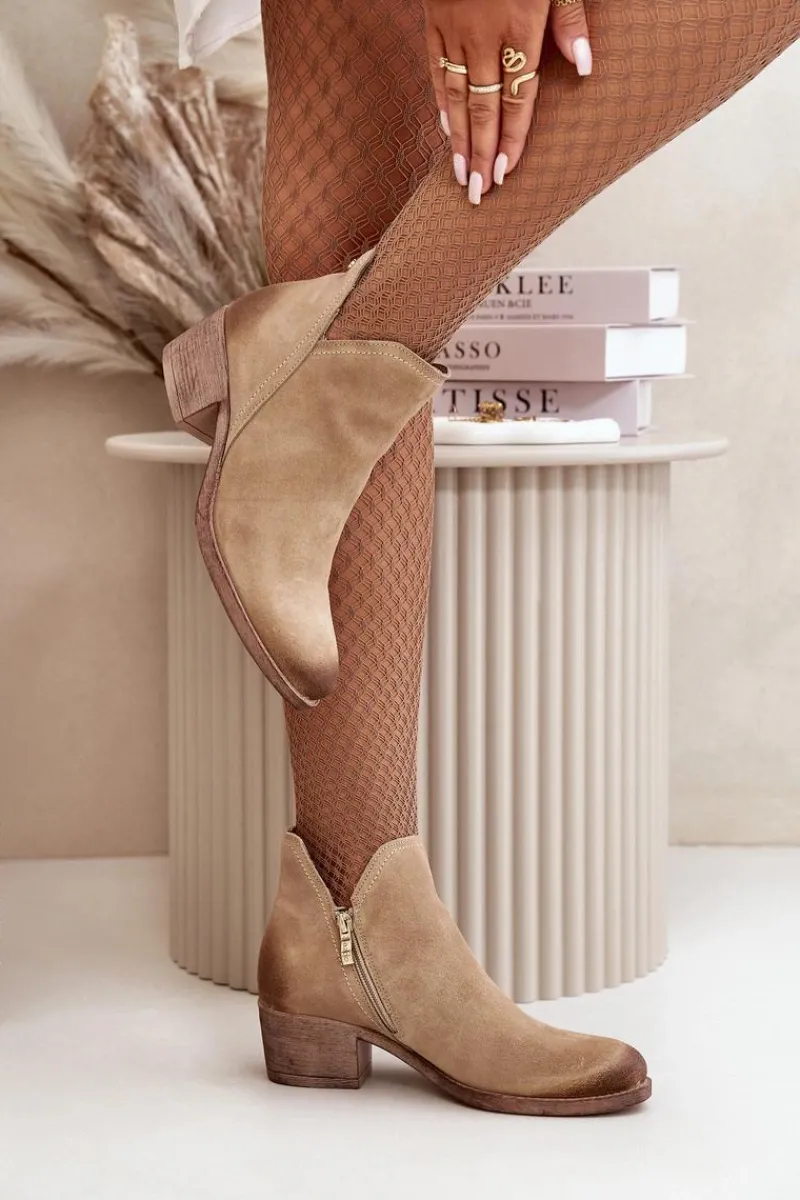 Discount 60475 Zamszowe Botki Damskie Na Niskim Obcasie Ocieplane Beżowe Damskie Botki Skórzane|Botki Na Słupku
