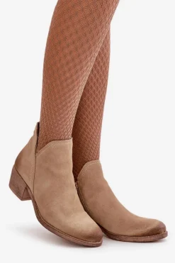 Discount 60475 Zamszowe Botki Damskie Na Niskim Obcasie Ocieplane Beżowe Damskie Botki Skórzane|Botki Na Słupku