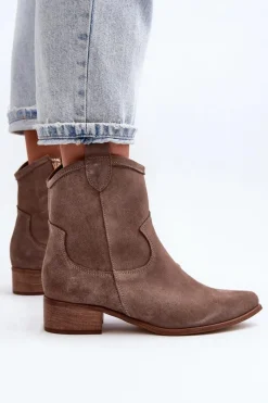 Botki Wiosenne|Botki Skórzane>Zazoo 3329 Zamszowe Botki Kowbojki Na Niskim Obcasie Ciemnobeżowe
