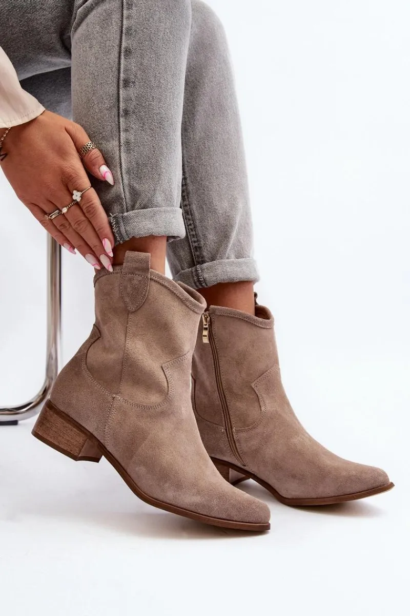 Clearance Zazoo 3329 Zamszowe Botki Kowbojki Na Niskim Obcasie Cappucino