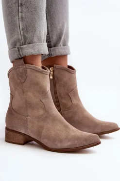 Clearance Zazoo 3329 Zamszowe Botki Kowbojki Na Niskim Obcasie Cappucino