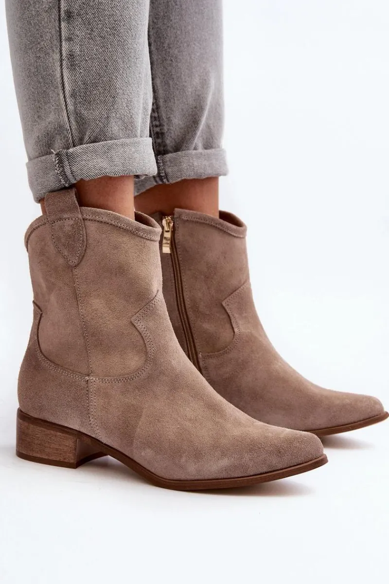 Clearance Zazoo 3329 Zamszowe Botki Kowbojki Na Niskim Obcasie Cappucino