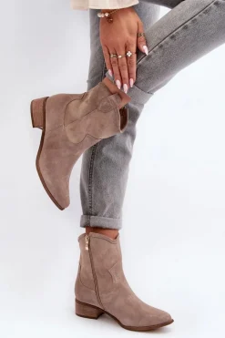 Clearance Zazoo 3329 Zamszowe Botki Kowbojki Na Niskim Obcasie Cappucino