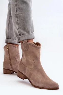 Clearance Zazoo 3329 Zamszowe Botki Kowbojki Na Niskim Obcasie Cappucino