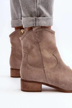Clearance Zazoo 3329 Zamszowe Botki Kowbojki Na Niskim Obcasie Cappucino