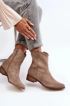 Clearance Zazoo 3329 Zamszowe Botki Kowbojki Na Niskim Obcasie Cappucino