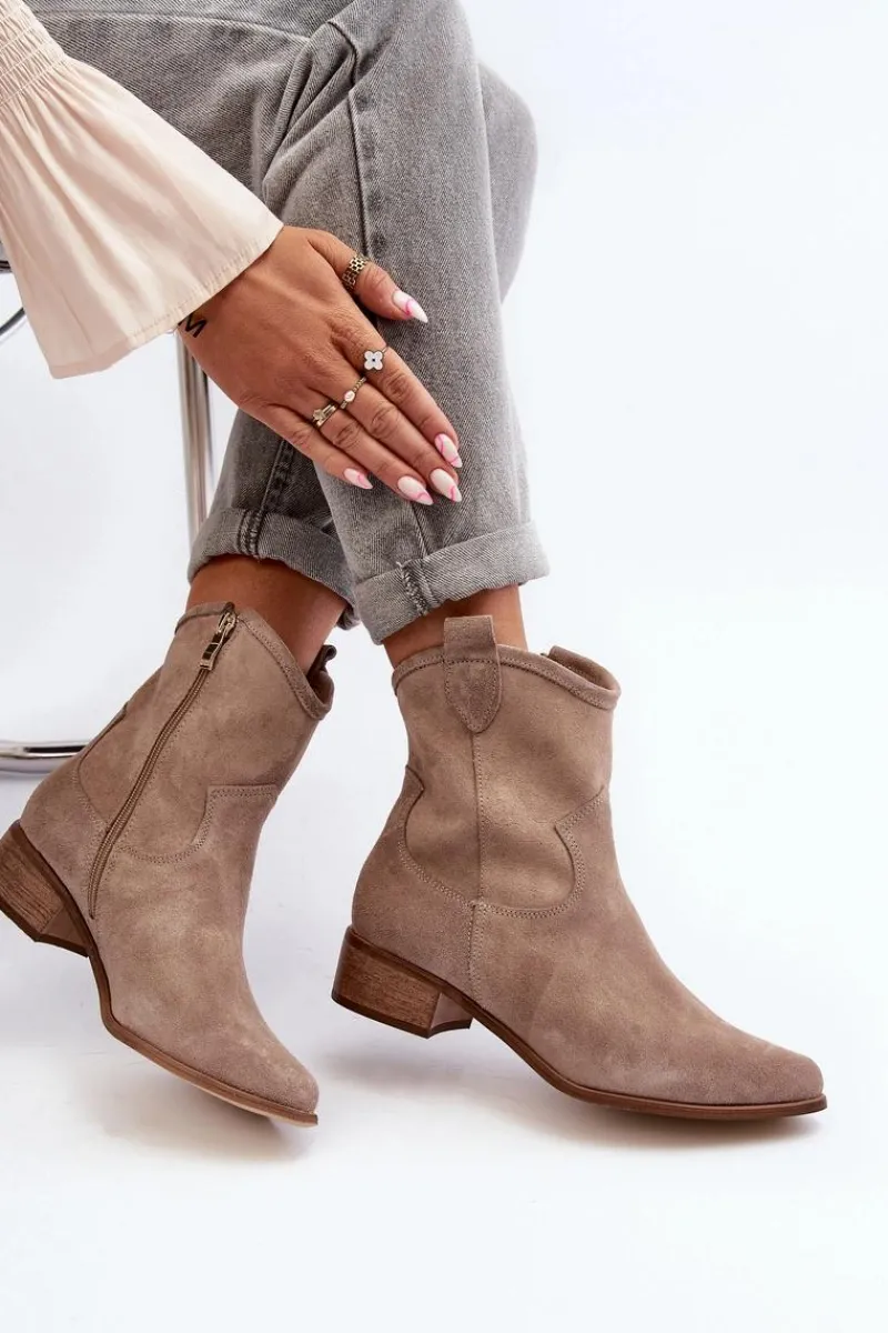 Clearance Zazoo 3329 Zamszowe Botki Kowbojki Na Niskim Obcasie Cappucino
