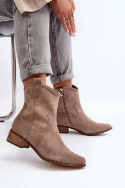 Clearance Zazoo 3329 Zamszowe Botki Kowbojki Na Niskim Obcasie Cappucino