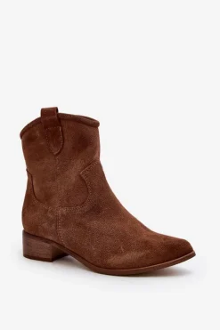 Hot 3329 Zamszowe Botki Kowbojki Na Niskim Obcasie Brązowe Damskie Botki Wiosenne|Botki Skórzane