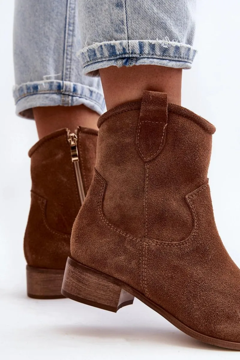 Hot 3329 Zamszowe Botki Kowbojki Na Niskim Obcasie Brązowe Damskie Botki Wiosenne|Botki Skórzane