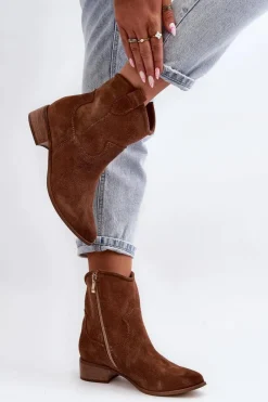 Hot 3329 Zamszowe Botki Kowbojki Na Niskim Obcasie Brązowe Damskie Botki Wiosenne|Botki Skórzane