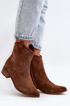 Hot 3329 Zamszowe Botki Kowbojki Na Niskim Obcasie Brązowe Damskie Botki Wiosenne|Botki Skórzane