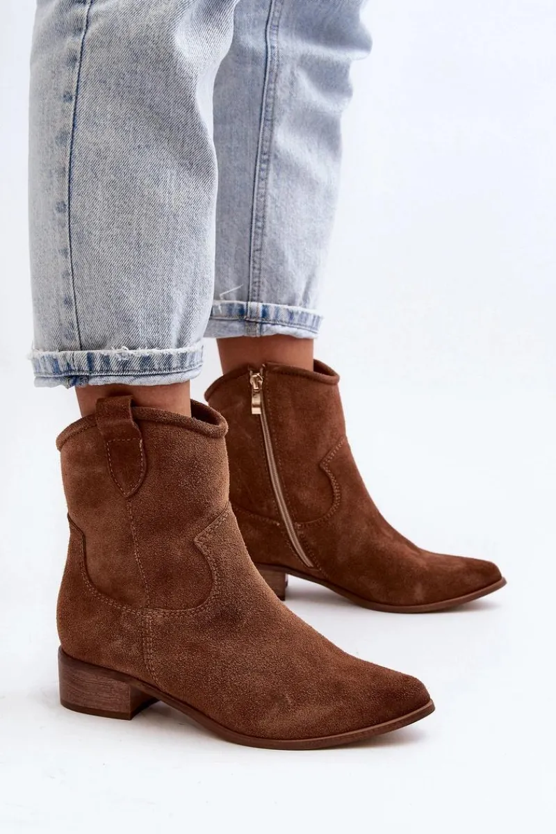 Hot 3329 Zamszowe Botki Kowbojki Na Niskim Obcasie Brązowe Damskie Botki Wiosenne|Botki Skórzane