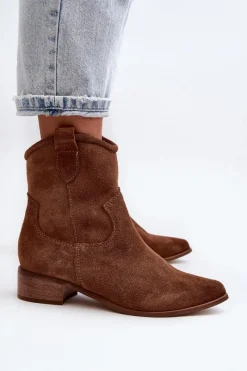 Hot 3329 Zamszowe Botki Kowbojki Na Niskim Obcasie Brązowe Damskie Botki Wiosenne|Botki Skórzane
