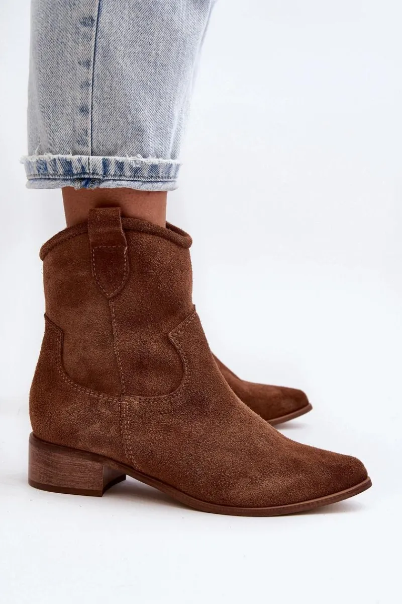 Hot 3329 Zamszowe Botki Kowbojki Na Niskim Obcasie Brązowe Damskie Botki Wiosenne|Botki Skórzane