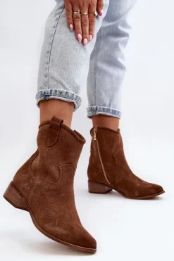 Hot 3329 Zamszowe Botki Kowbojki Na Niskim Obcasie Brązowe Damskie Botki Wiosenne|Botki Skórzane