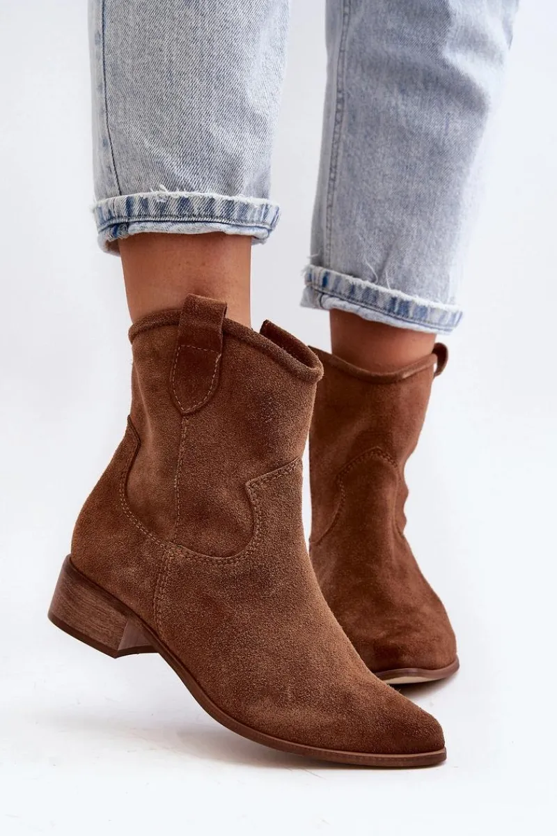 Hot 3329 Zamszowe Botki Kowbojki Na Niskim Obcasie Brązowe Damskie Botki Wiosenne|Botki Skórzane